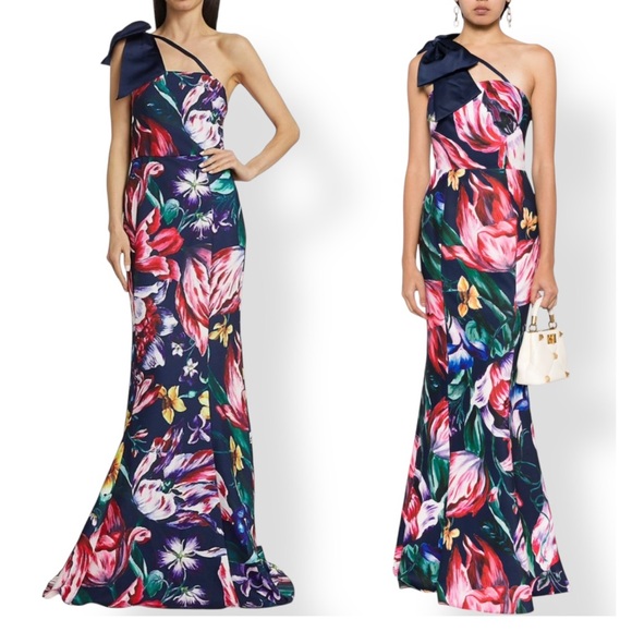 Marchesa Notte Florilegium Floral Print Fit-Flare One Shoulder Bow Detail Gown - Picture 1 of 16